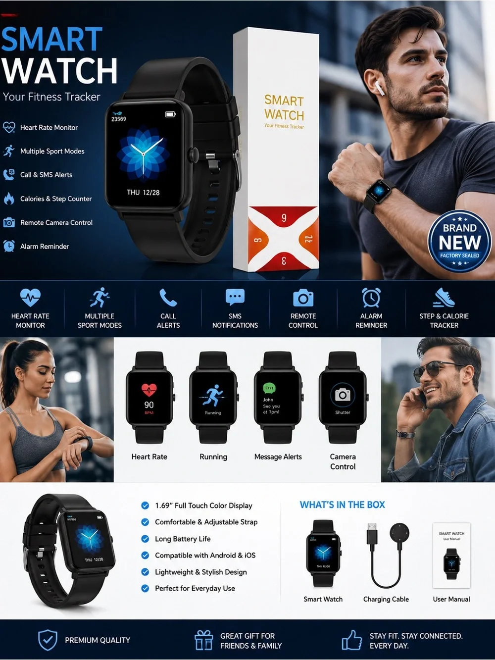 Smart Watch Fitness Tracker - Black